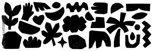 Shape on paper combines geometric and organic style. Cut, pattern and abstract hand reflect Matisse with a star. Drawn cutout closes the composition.