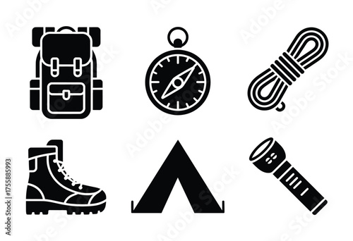 Vector camping gear icons set scalable eps outdoor adventure equipment backpack compass rope tent boots flashlight vector illustration white background