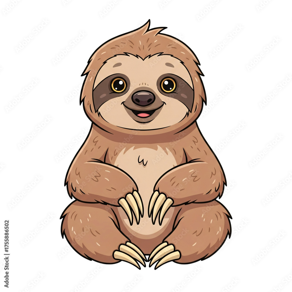 Obraz premium Cute cartoon sloth sitting and smiling, isolated on transparent background