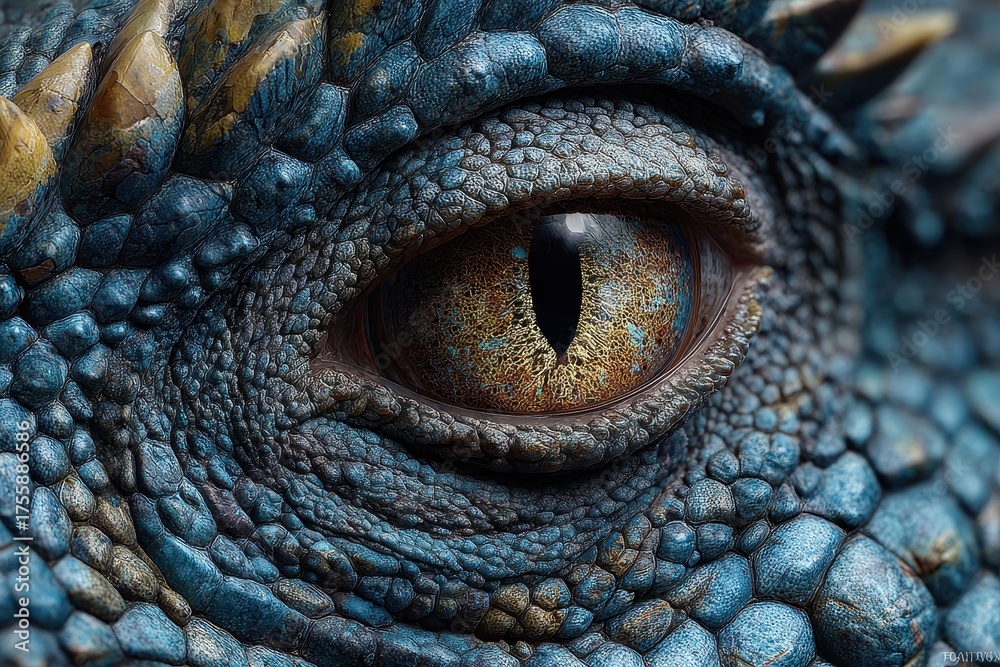 Fototapeta premium Close up of an iguana's eye with blue and yellow scales, showing intricate details and texture of the reptile's skin