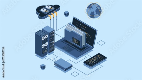 Isometric cloud authentication system with laptop animation. Cloud technology computing concept. Cloud database. Internet data services. 4K video animated in isometric style