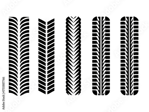 Black rubber wheel tire outline icon set. Car tire tread tracks, motorcycle racing, dirty tires track. Tyre road maintenance vectors illustration automobile. Transport symbol white background








