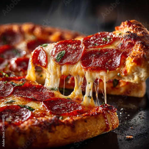 a classic italian pepperoni and basil pizza. One slice is elevated, showcasing a heavy, gooey layer of melted cheese dripping in thick, elastic strands