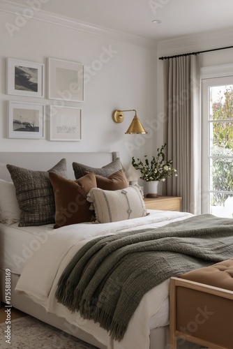 interior of bedroom with cozy bed, furniture, lamp and comfortable pillows 