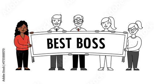 Group of diverse employees celebrating their boss with a banner  