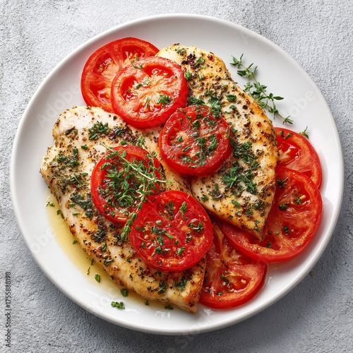 Turkey meat cutlets with fresh tomato, two tender turkey fillets topped with thinly sliced roasted tomato, lightly seasoned with herbs, arranged side by side on a white ceramic plate