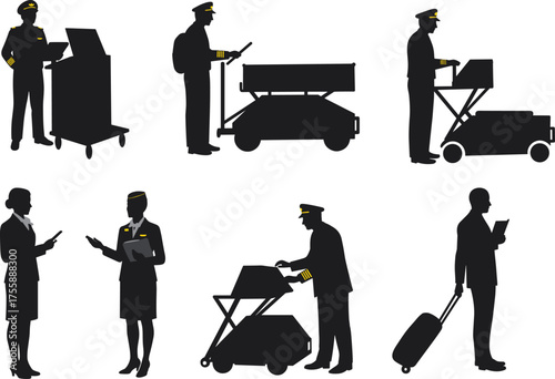 Airline staff silhouette, pilot and flight attendant vector, airport operations icons, aviation teamwork illustration, ground service pictogram set, travel industry black graphic