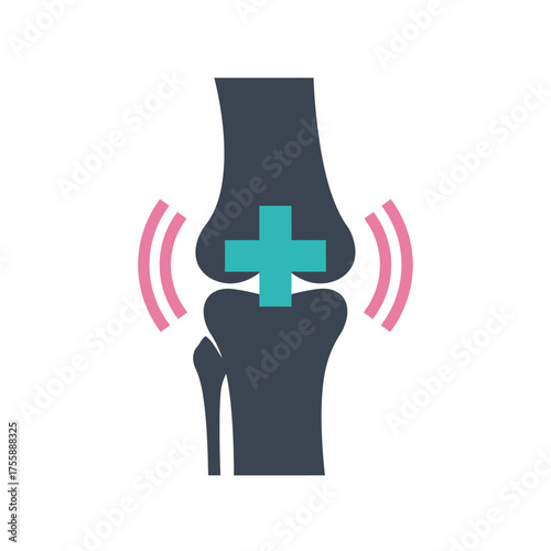 An illustration depicting a human knee joint experiencing pain, highlighted with a medical cross symbol, representing orthopedic health and treatment.