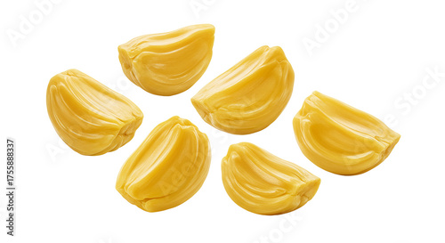 Delicious fresh ripe jackfruit segments floating against a dark background