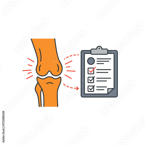 Illustrative vector depicting a painful human knee joint with inflammation, pointing to a medical checklist for thorough diagnosis and effective treatment.