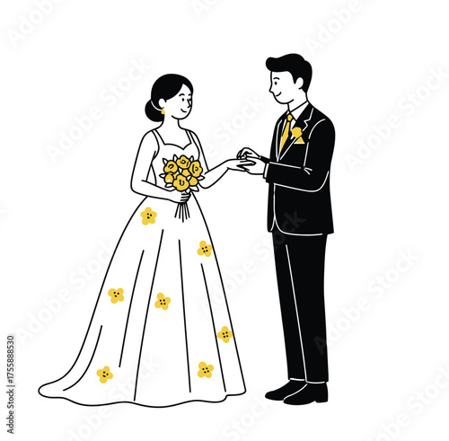 Hand drawn illustration of a bride and groom exchanging rings on their wedding day
