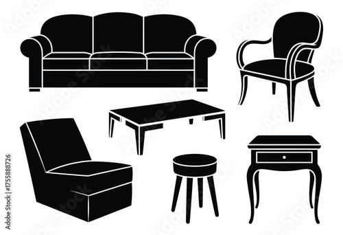 Elegant vector furniture collection scalable eps illustration set classic sofa armchair table stool accent pieces vector illustration white background