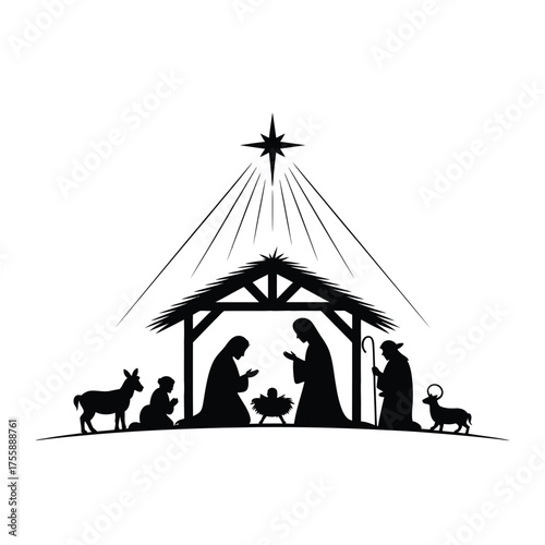 Minimalist nativity scene silhouette vector illustration scalable eps icon for religious and holiday designs vector illustration white background