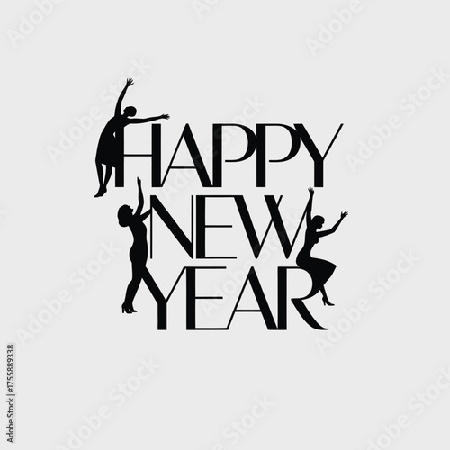 Minimalist black vector illustration of happy new year text with dancing figures for festive celebrations vector illustration white background