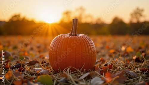 Bright orange pumpkin on field during sunset in autumn season  