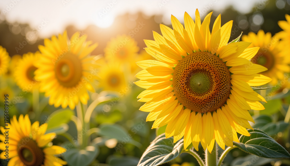 Obraz premium Sunflowers blooming in a field during sunset with warm light 