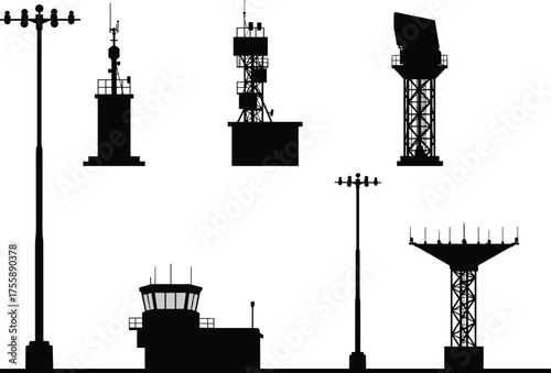 Airport infrastructure silhouettes, radar tower, control tower, light pole, communication equipment, aviation icons, black vector, air traffic control, antenna, observation structure