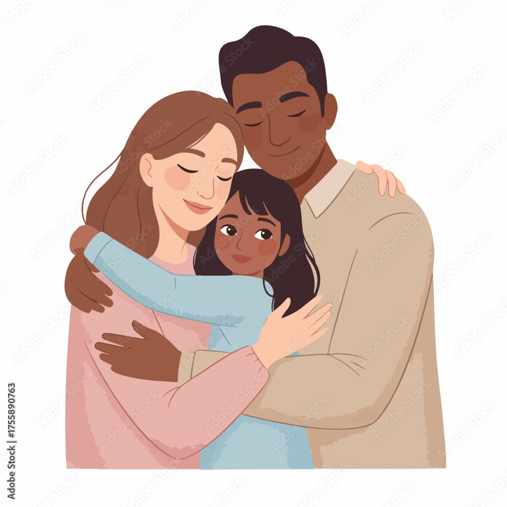 Obraz premium Flat Style Diverse Family Portrait of Happy Mother Father and Daughter
