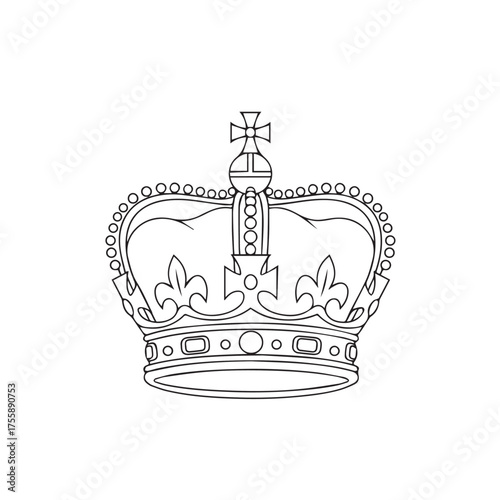 A black and white line art illustration of a royal crown with a cross on top, isolated on a white background.