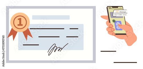 Mobile device displaying a secure code for authentication next to a document with a signed certificate. Ideal for security, validation, certification, verification, online transactions, trust, simple
