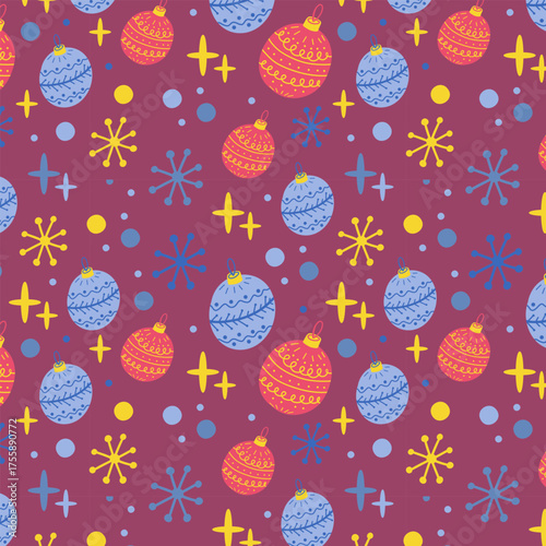 Seamless vector pattern featuring cute Christmas snowflakes, stars, and ornaments in pastel tones. Flat, childlike style perfect for festive textiles, gift wrapping, and cozy holiday designs.