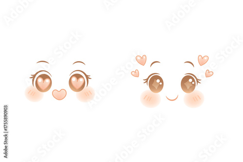 Anime love faces with heart eyes and kawaii expressions