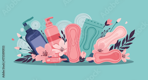 Hygiene products and feminine care items presented with floral decorations.