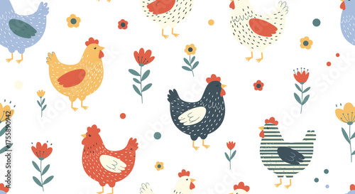A charming pattern of illustrated chickens and wildflowers in a repeating design.