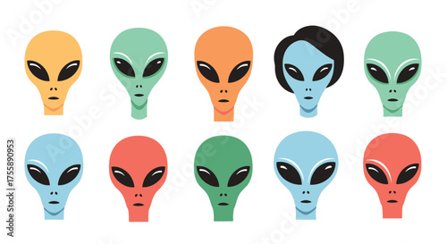 A collection of colorful alien faces with large black eyes arranged in two rows.