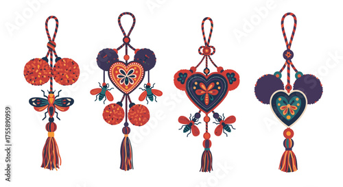 Colorful bohemian style charms with hearts tassels and decorative insects.