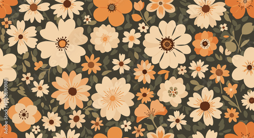 A charming vintage floral pattern with a warm color palette featuring many daisies and other small flowers on a dark background.