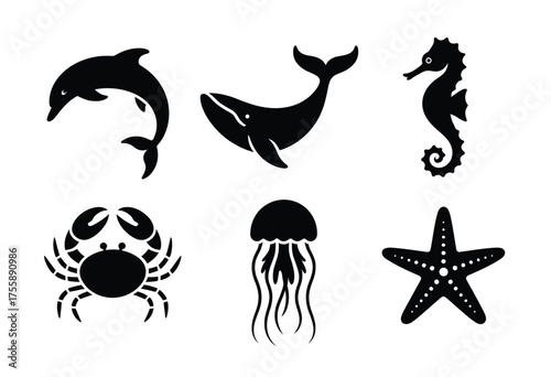Minimalist vector illustration of marine life icons dolphin whale seahorse crab jellyfish starfish eps vector illustration white background