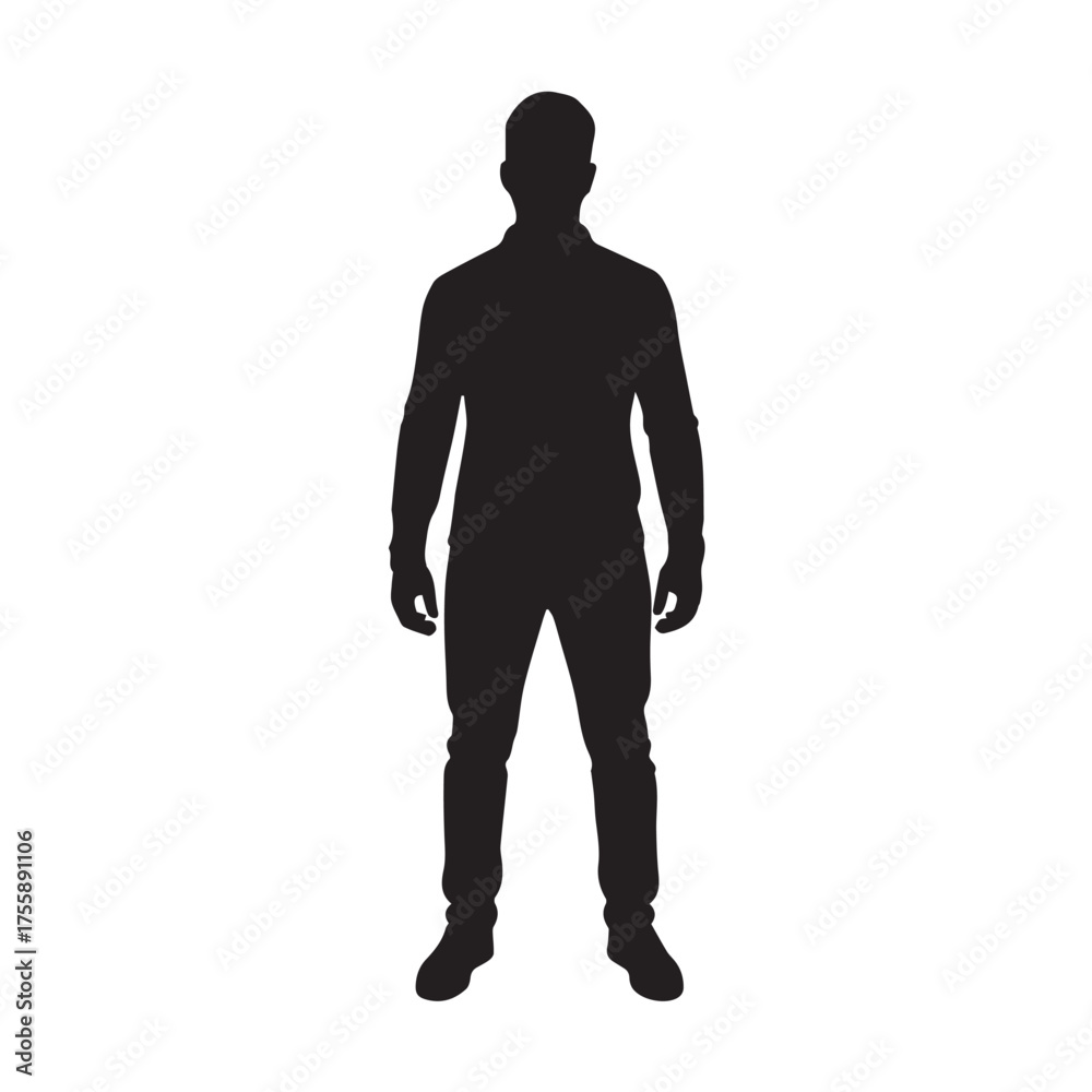 Fototapeta premium Full body black silhouette of a man standing still and facing forward, isolated on a white background.
