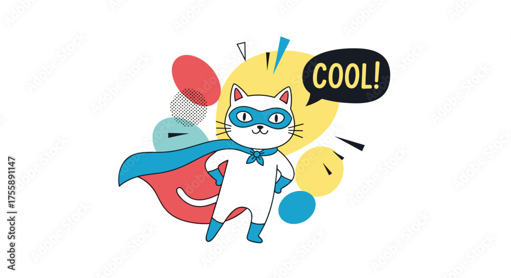 Fototapeta premium A white cat dressed as a superhero with a blue cape and mask