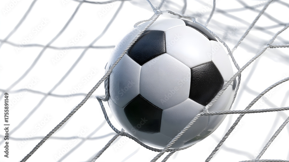 Naklejka premium Soccer ball nestled in the goal net, detailed texture and realistic scene, isolated on white background.