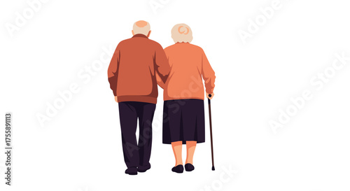 A loving elderly couple walks arm in arm together in a slow and steady pace.