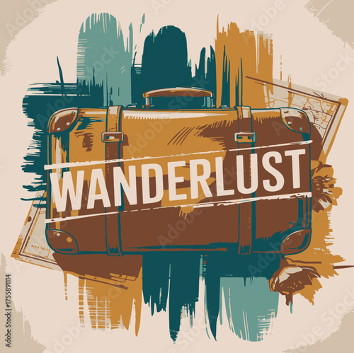 Retro vintage suitcase with the word wanderlust overlaid in a textured artistic style evoking travel adventure and exploration