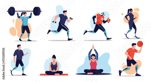 Diverse individuals engaging in a variety of athletic activities and wellness practices.