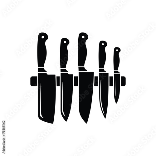 Scalable vector illustration of kitchen knives on a magnetic strip for culinary and design projects vector illustration white background
