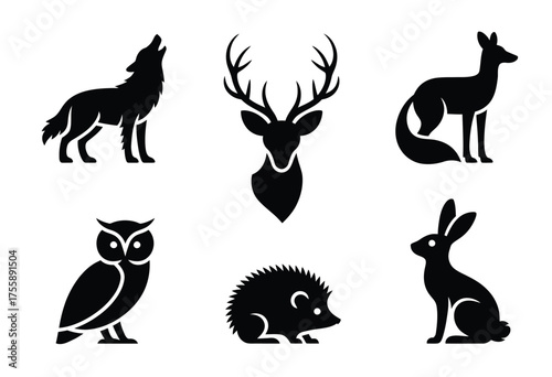 Collection of six elegant black silhouette wildlife vector illustrations for graphic design projects vector illustration white background