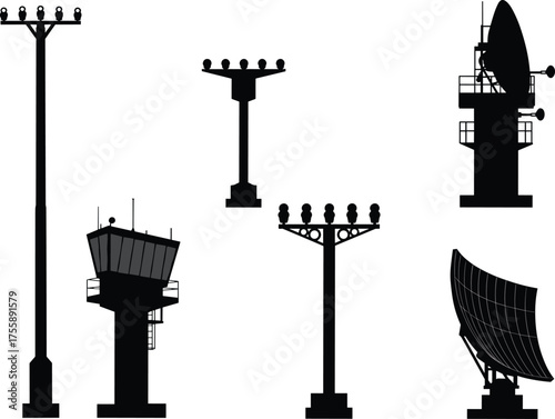Airport silhouettes, radar tower, control tower, light pole, parabolic antenna, aviation infrastructure, communication equipment, air traffic control, black vector icons, navigation system