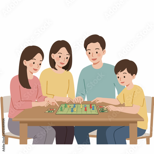 Flat Illustration Happy Family Playing Board Game Together at Home