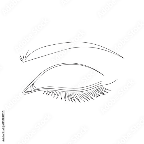 A simple black and white line drawing of a closed human eye with long eyelashes and an eyebrow.