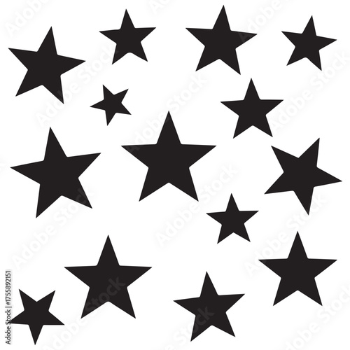 A collection of black five-pointed stars of different sizes scattered randomly on a plain white background.