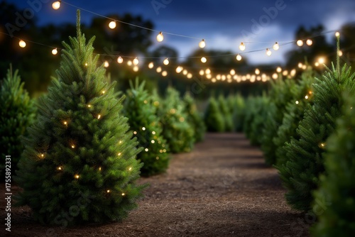 Christmas tree sales area featuring neat rows of pine trees adorned with string lights, creating a festive atmosphere in a beautifully arranged outdoor setting