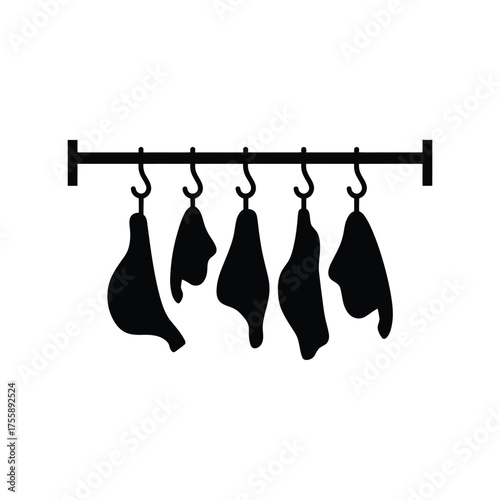 Minimalist black vector illustration of meat cuts hanging on a rack scalable eps icon for butcher shops vector illustration white background