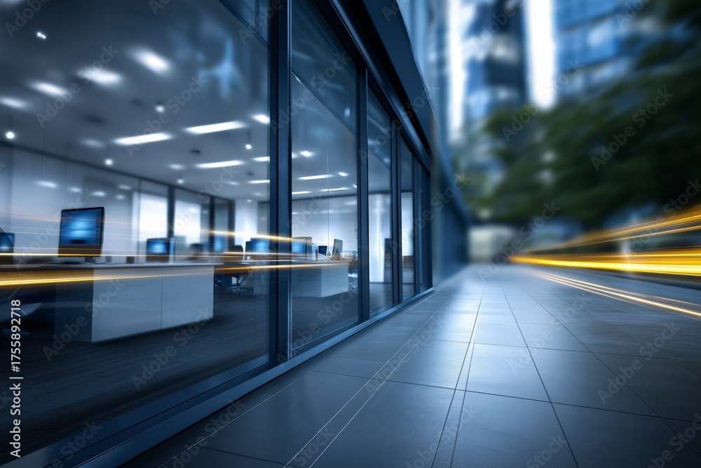 Fototapeta premium Long exposure shot of a modern open plan office at night, showcasing illuminated workstations and sleek design elements, creating a vibrant and dynamic atmosphere