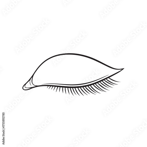 Simple black and white line art illustration of a closed human eye with long, delicate eyelashes.