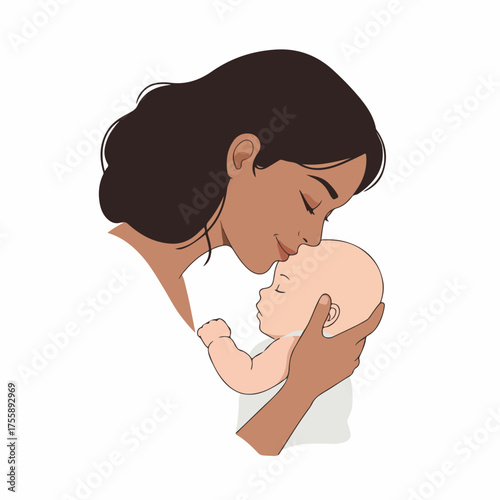 Minimalist Gentle Line Illustration Mother Kissing Baby Child Love Moment