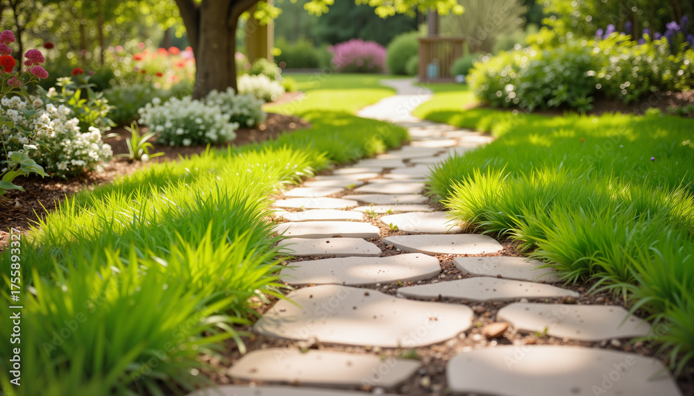 Obraz premium Stone pathway winding through a lush garden with blooming flowers 